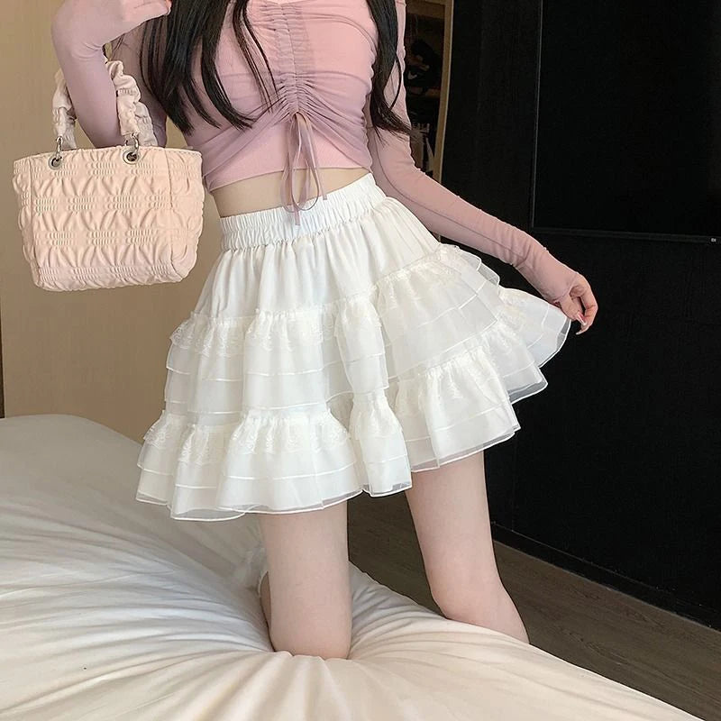 Korean Chic Y2K Sweet Girl'S White Princess Mini Skirt Ballet-Style Tiered Skirt Elastic High Waist Cake Skirt Shorts All-Match