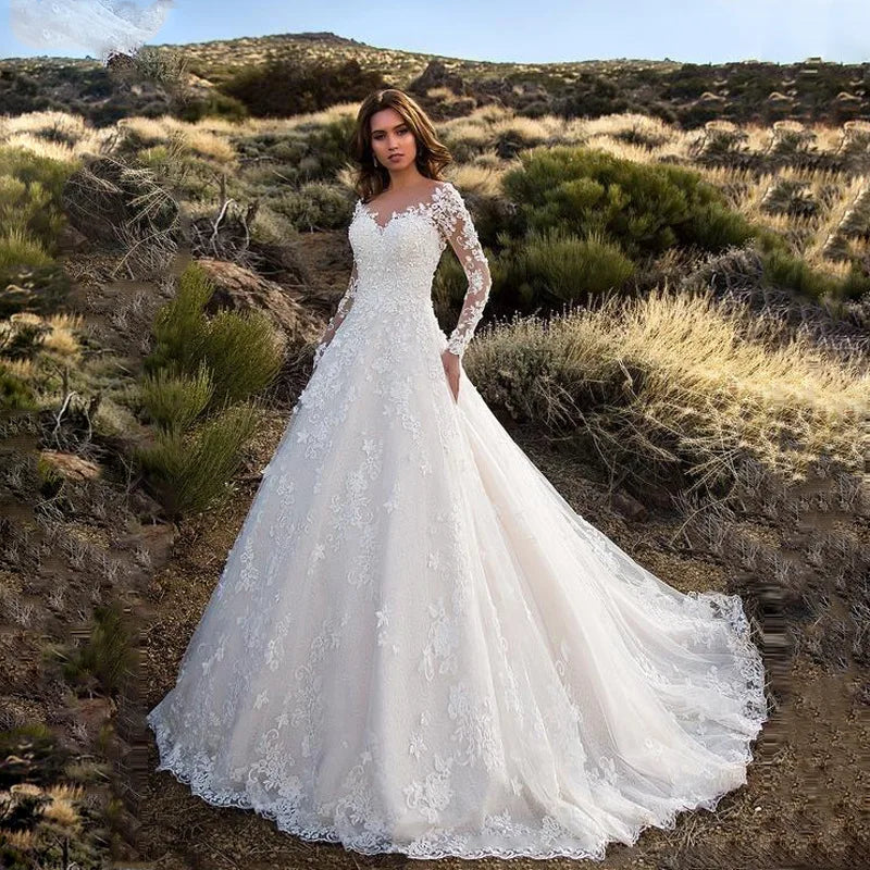 Elegant Long Sleeve Lace Bridal Gown 3XL plus Size See through Wedding Dress Ball Gown Polka Dot Pattern Mid Waist Design