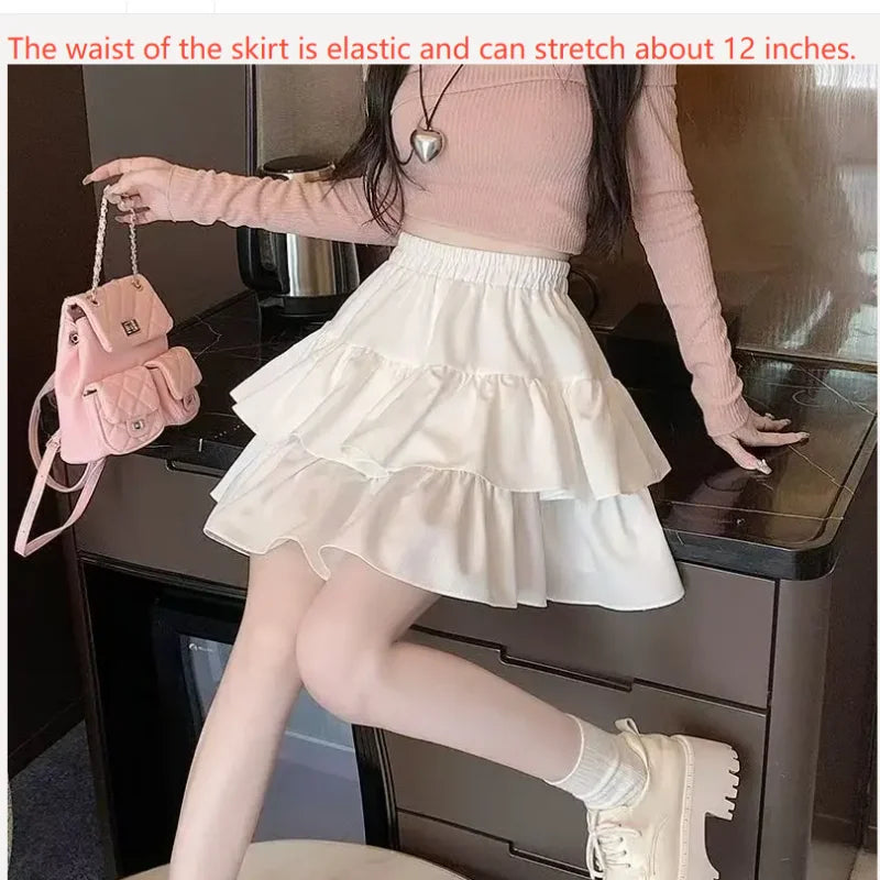Korean Chic Y2K Sweet Girl'S White Princess Mini Skirt Ballet-Style Tiered Skirt Elastic High Waist Cake Skirt Shorts All-Match