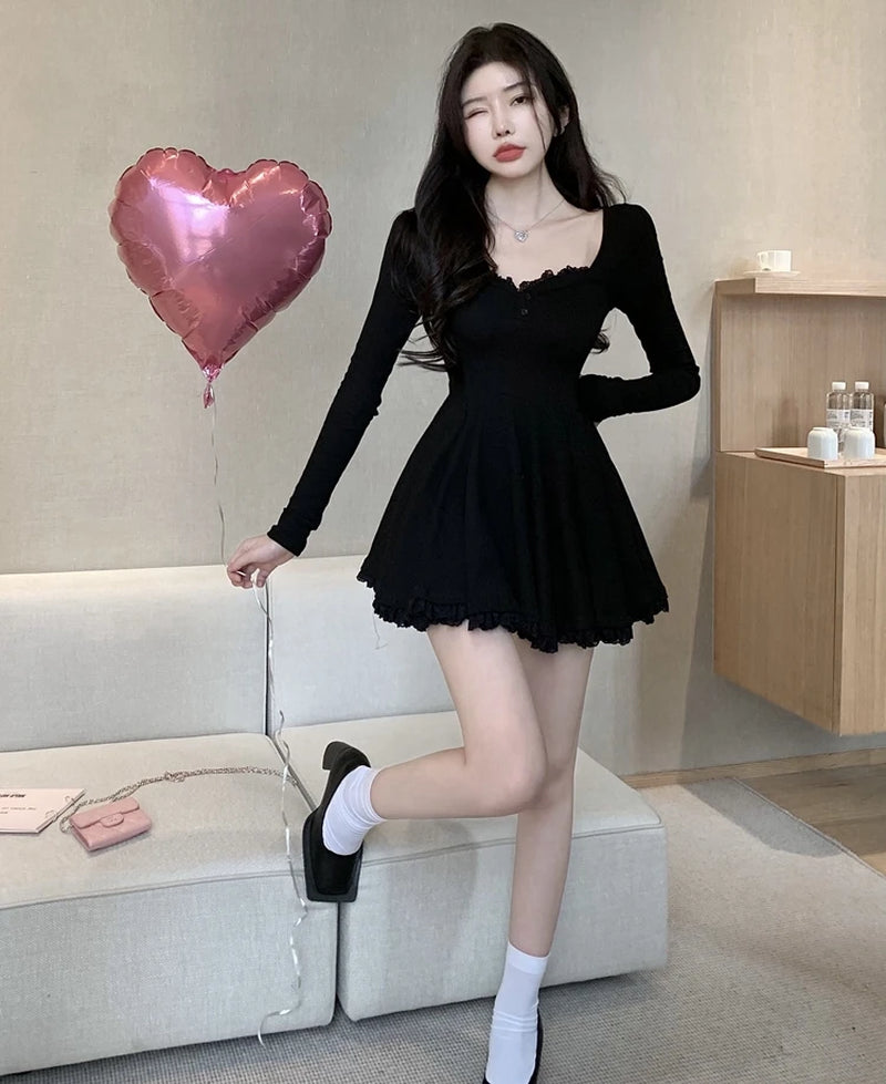 Sexy White Lace Trim Long Sleeve Waist Cinched Dress Korean Style Commute A-Line Skirt Short Dress Autumn Season Fashionable