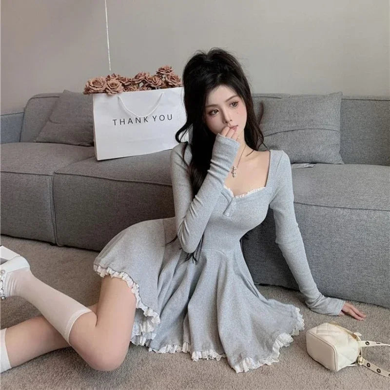 Sexy Korean Dress French Style Waist Closed Long Sleeve Collarbone Exposed Sweet Lace-Waisted Pleated A-Line Tutu Skirt 2024