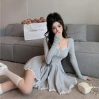 Sexy Korean Dress French Style Waist Closed Long Sleeve Collarbone Exposed Sweet Lace-Waisted Pleated A-Line Tutu Skirt 2024