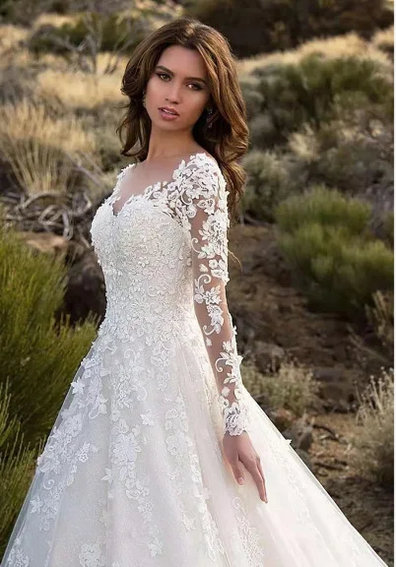 Elegant Long Sleeve Lace Bridal Gown 3XL plus Size See through Wedding Dress Ball Gown Polka Dot Pattern Mid Waist Design