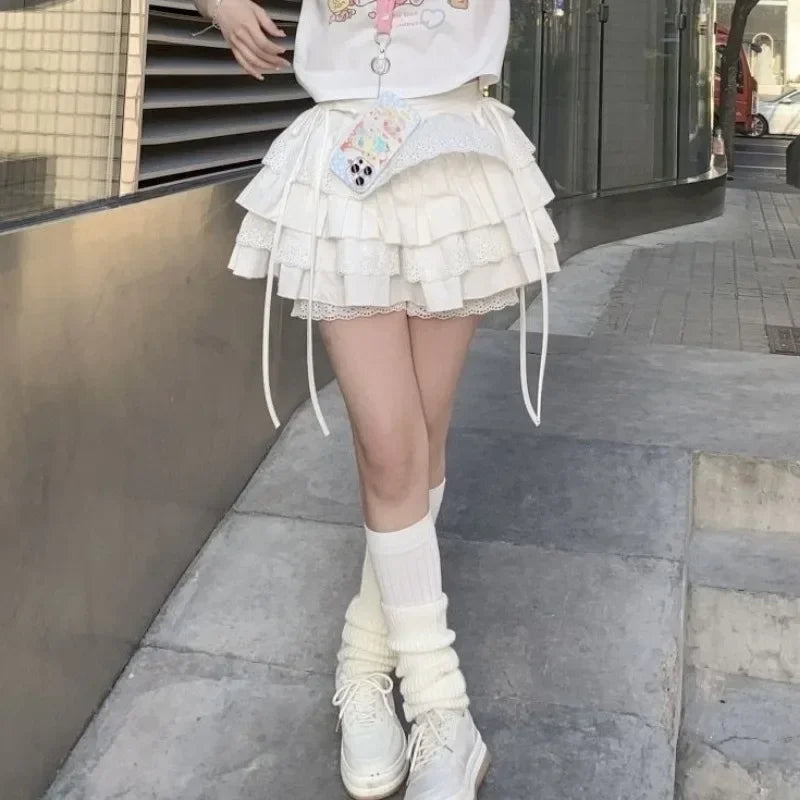 Summer White Mini Skirts Women Lace Patchwork Sweet A-Line Slim High Street Bow Korean Fashion Y2K Skirt Harajuku Streetwear Ins