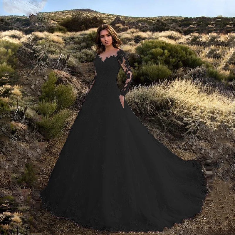 Elegant Long Sleeve Lace Bridal Gown 3XL plus Size See through Wedding Dress Ball Gown Polka Dot Pattern Mid Waist Design