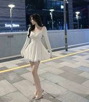 Sexy White Lace Trim Long Sleeve Waist Cinched Dress Korean Style Commute A-Line Skirt Short Dress Autumn Season Fashionable