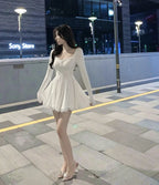 Sexy White Lace Trim Long Sleeve Waist Cinched Dress Korean Style Commute A-Line Skirt Short Dress Autumn Season Fashionable