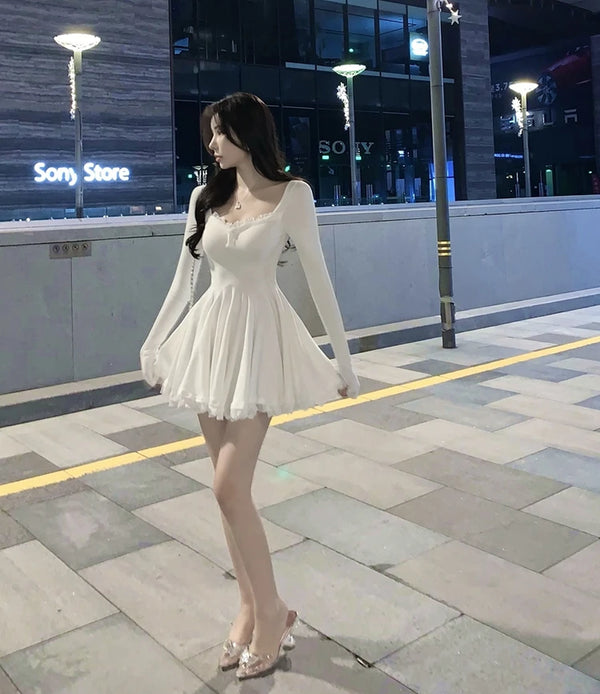 Sexy White Lace Trim Long Sleeve Waist Cinched Dress Korean Style Commute A-Line Skirt Short Dress Autumn Season Fashionable