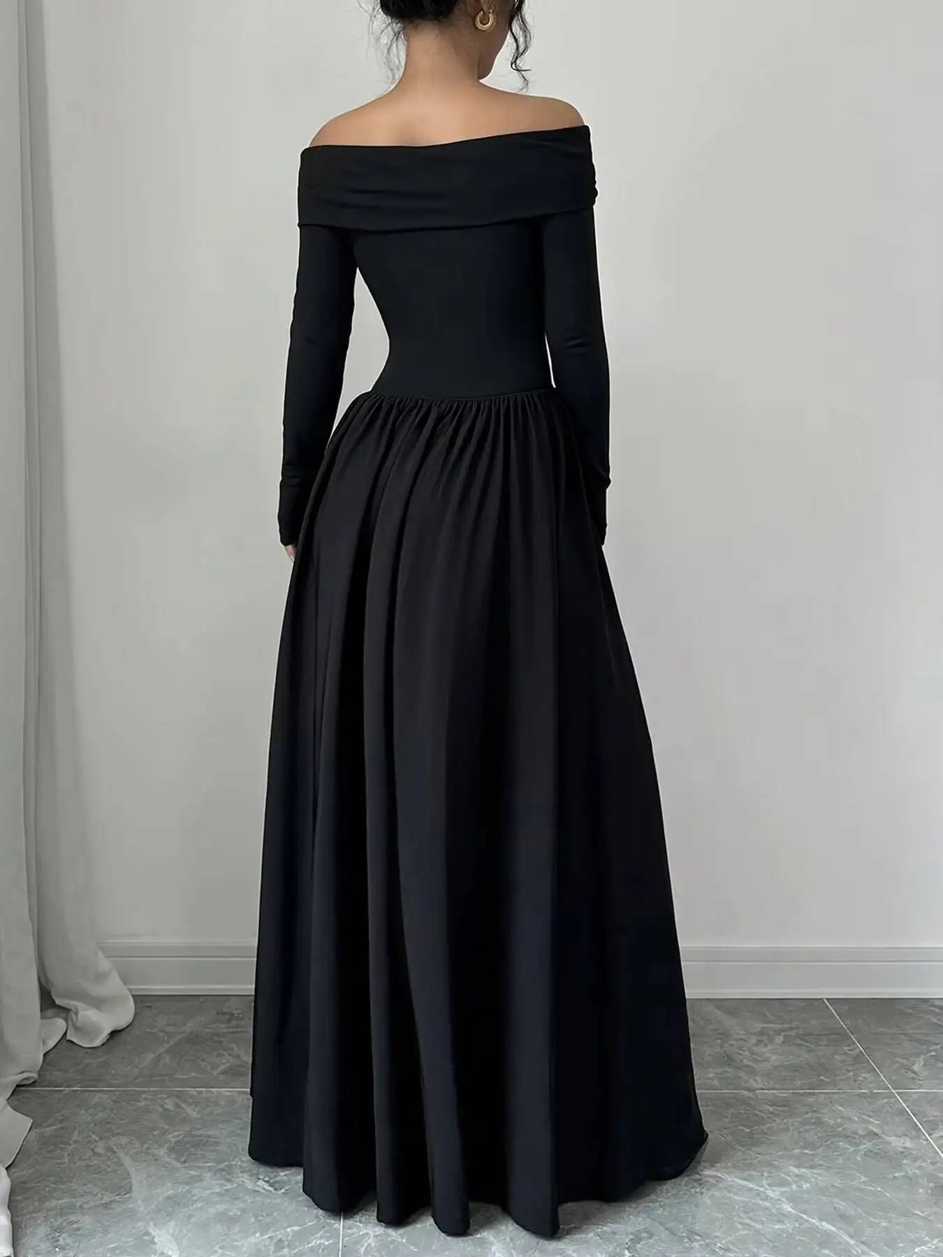Women'S Casual Dresses off Shoulder Long Sleeve Solid Black A-Line Dress Elegant Dress Spring Summer Chic Dress Party Date Dress