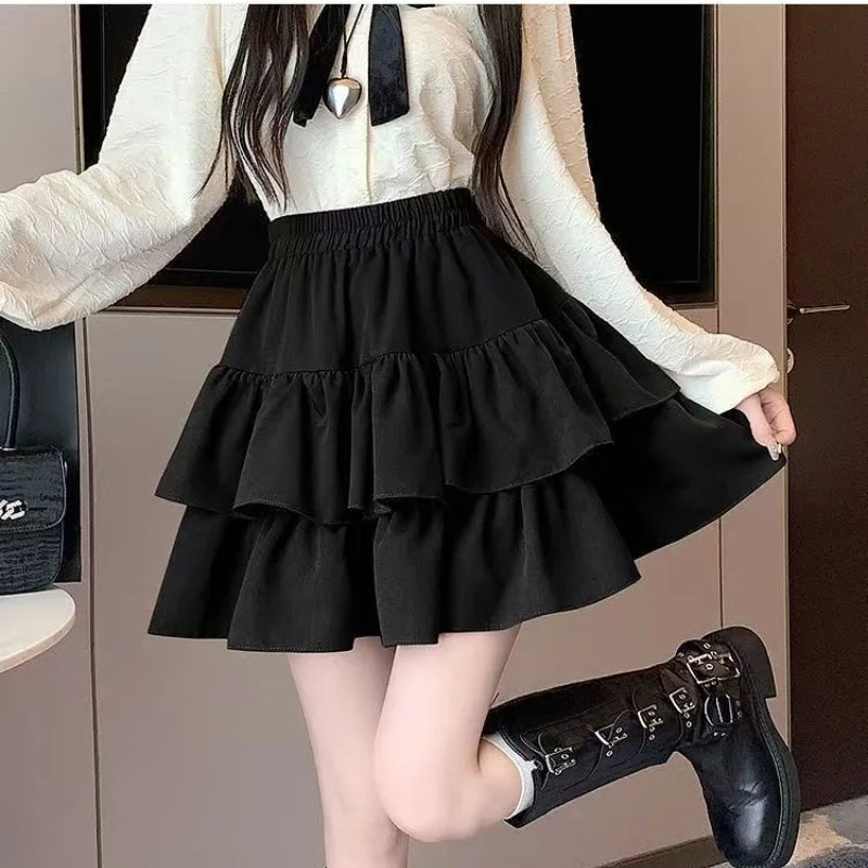 Korean Chic Y2K Sweet Girl'S White Princess Mini Skirt Ballet-Style Tiered Skirt Elastic High Waist Cake Skirt Shorts All-Match